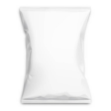 gerçekçi poşette cips, kahvaltılık tahıllar ve diğer ürünler için beyaz. Marka şablonu için alay. vektör çizim.