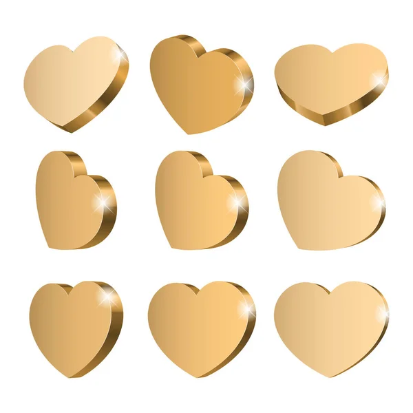 Gold hearts in different angles. — Stock Vector