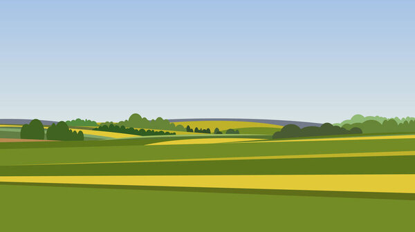 Green landscape with yellow fields.