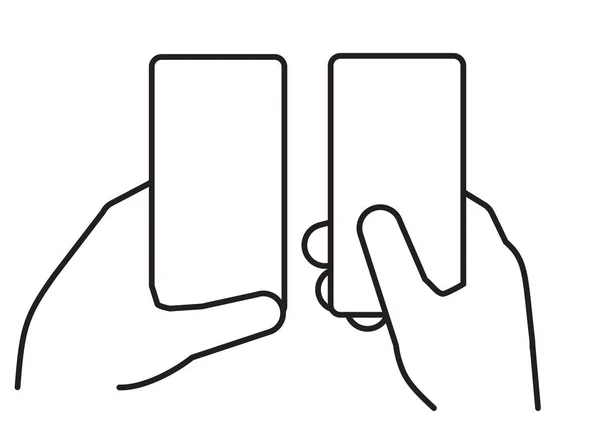Hand hält Smartphone. zwei Telefone in der linken und rechten Hand. lineare Zeichnung — Stockvektor