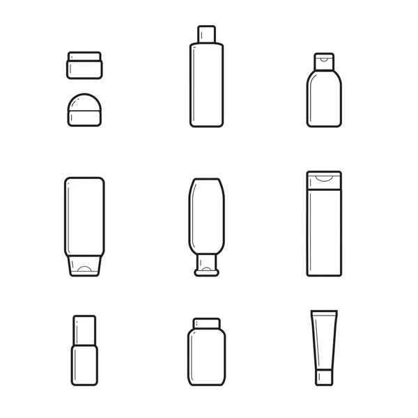 Dağıtıcılar, batchers. beyaz arka plan üzerinde kozmetik şişeleri çizgi çizim seti. — Stok Vektör