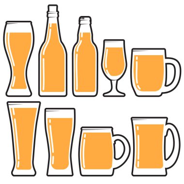 Çeşitli bira şişelerini, bardakları ve bardakları ayarlayın..