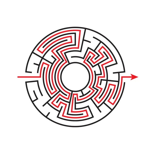 Cirkeldoolhof Puzzelspel Labyrint Met Het Pad Gemarkeerd Door Rode Lijn — Stockvector