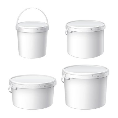 Tasarım için maket. Beyaz plastik kovalar. Küçük ve orta boy kapaklı bir kova. Konteynır 1, 2, 5 litre. Ürün ambalajlama, boya, yapıştırıcı, tortular. Vektör