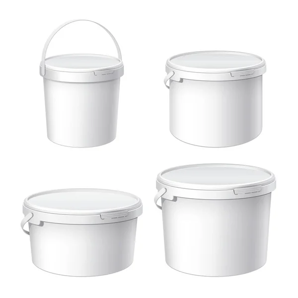 Mockup Design White Plastic Buckets Small Large Medium Bucket Lid — Stock Vector