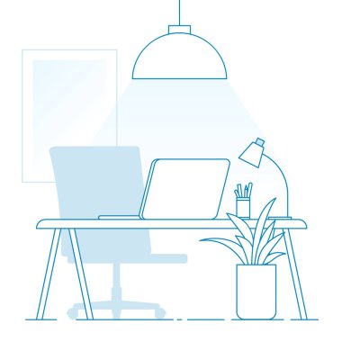 İş yeri. Modern ve rahat ofis içi. Çalışan araması konsepti. Eleman arıyoruz. Çizgi sanatı tarzında illüstrasyon. Vektör