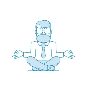 Adam yerde bacakları çapraz oturarak meditasyon yapıyor. Karakter - sakallı ve gözlüklü bir adam. Sakinlik, rahatlama, rahatlama. Stres atmak. Çizgi sanatı tarzında illüstrasyon. Vektör