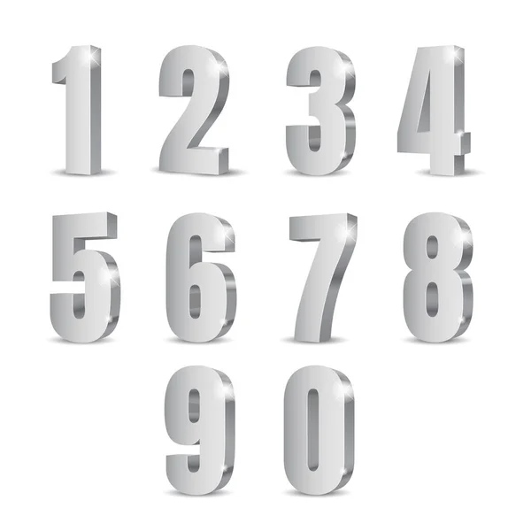 银制3D数字 光彩夺目 风格逼真 一组从0到9的数字 凝固性无衬线体字体 定性矢量说明 — 图库矢量图片