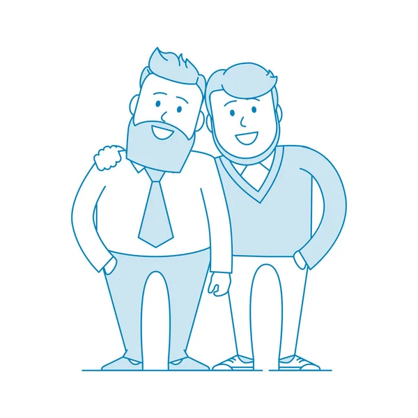 两个快乐的同志拥抱 同性关系 留着胡子的男人一个穿衬衫 另一个穿吊袜带 第二个穿跳投 卡通画在线条艺术风格 — 图库矢量图片
