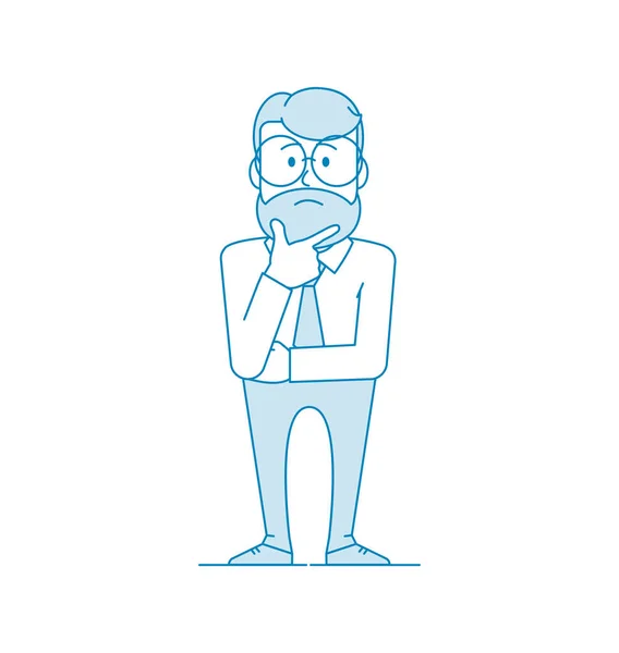 Personaje Hombre Con Gafas Una Barba Sostiene Barbilla Con Mano — Vector de stock