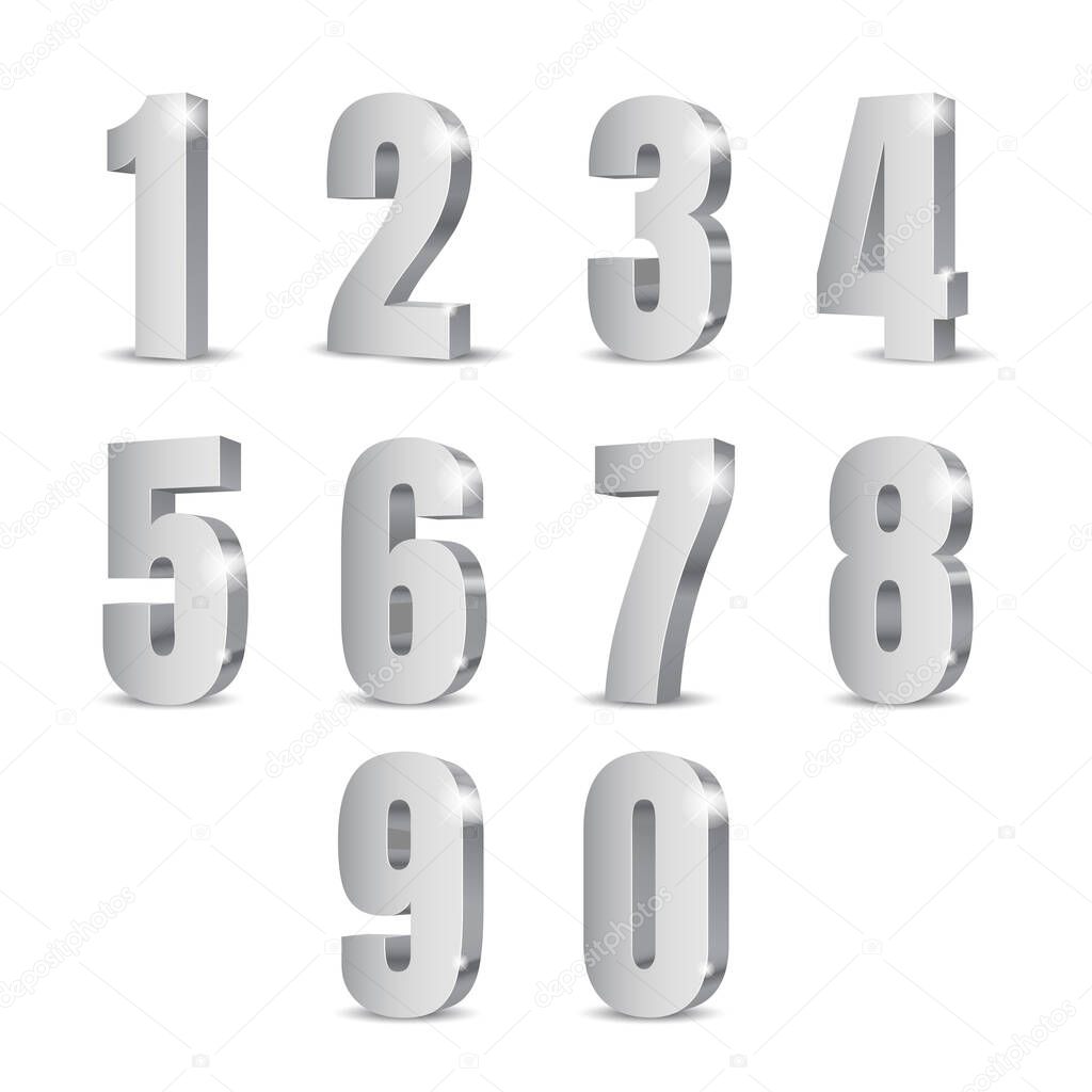 Silver 3d numbers with glossy glitter and highlights in realistic style. A set of numbers from zero to nine. Condensed sans serif font. Qualitative vector illustration.