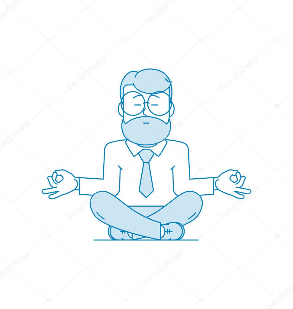 Man is meditating sitting on the floor with legs crossed. Character - a man with a beard and glasses. Calmness and relaxation, relaxation. Stress relief. Illustration in line art style. Vector