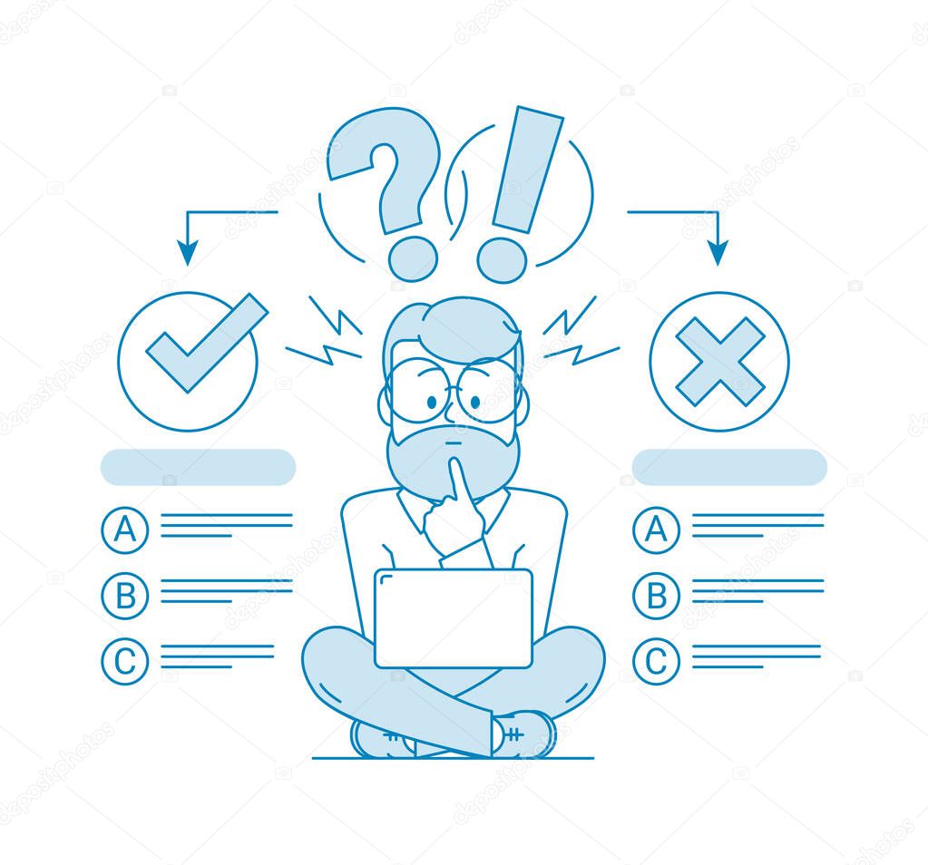 The concept of choosing the right answer. Character - a man with a beard and glasses using a computer passes the test. Exam. Evaluation Testing. Illustration in line art style. Vector