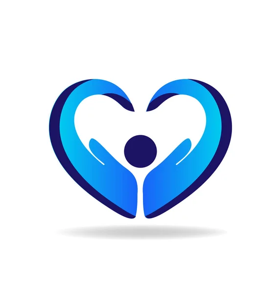手の保護青いハート形のロゴ ベクトル — ストックベクタ