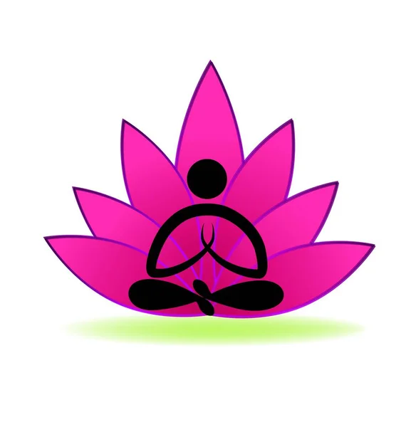 Pink Lotus with meditating yoga silhouette vector icon — Stock Vector