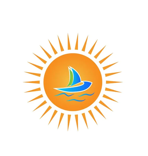 Sol e barco praia férias conceito de viagem logotipo vetor — Vetor de Stock