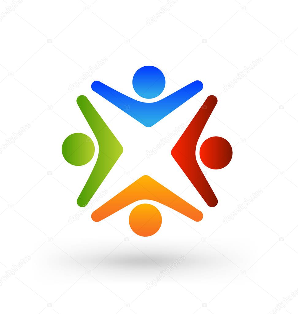 Teamwork group of four working people, icon logo. Business meeting, community charity group illustration.