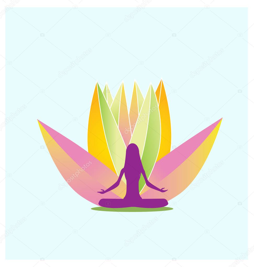 Yoga and pink lotus flower logo