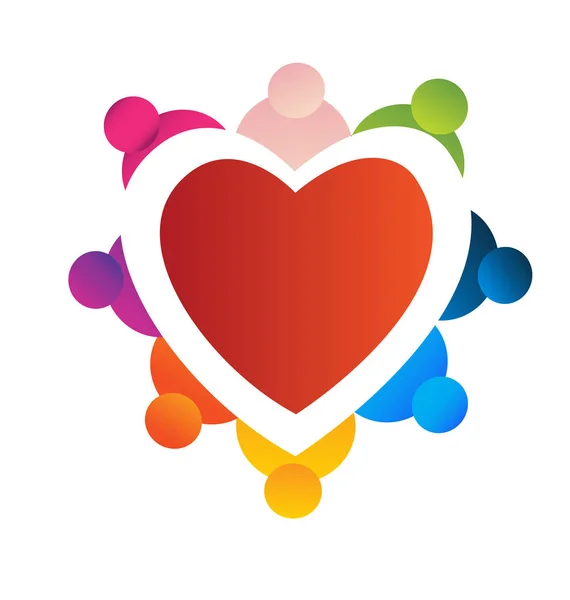 Trabajo en equipo personas que rodean el icono del corazón logo — Archivo Imágenes Vectoriales