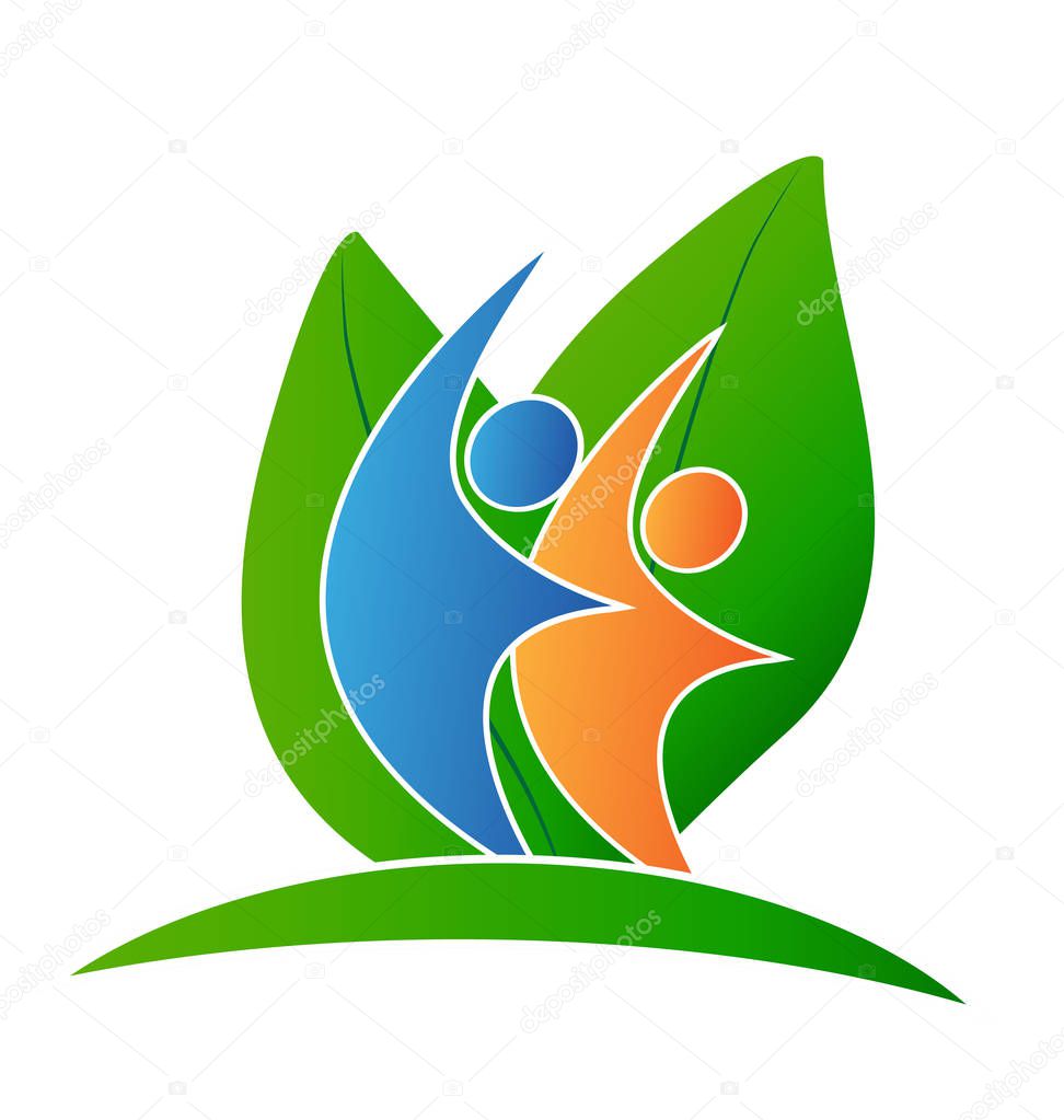 Leaf and happy energy people vector logo design illustration