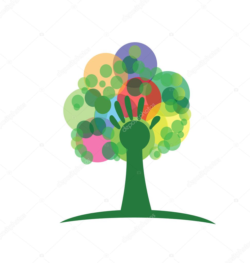 Tree hand with creative grunge bubble colors logo vector