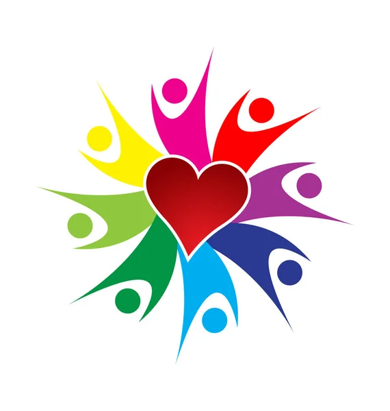Emberek csapatmunka és a szerető szív vektor logo — Stock Vector