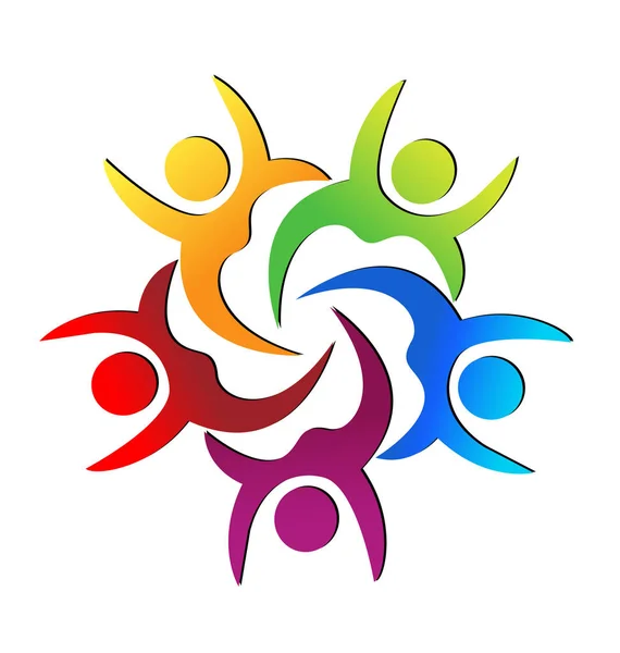 Kleurrijke mensen teamwerk verhogen handen, vector logo — Stockvector