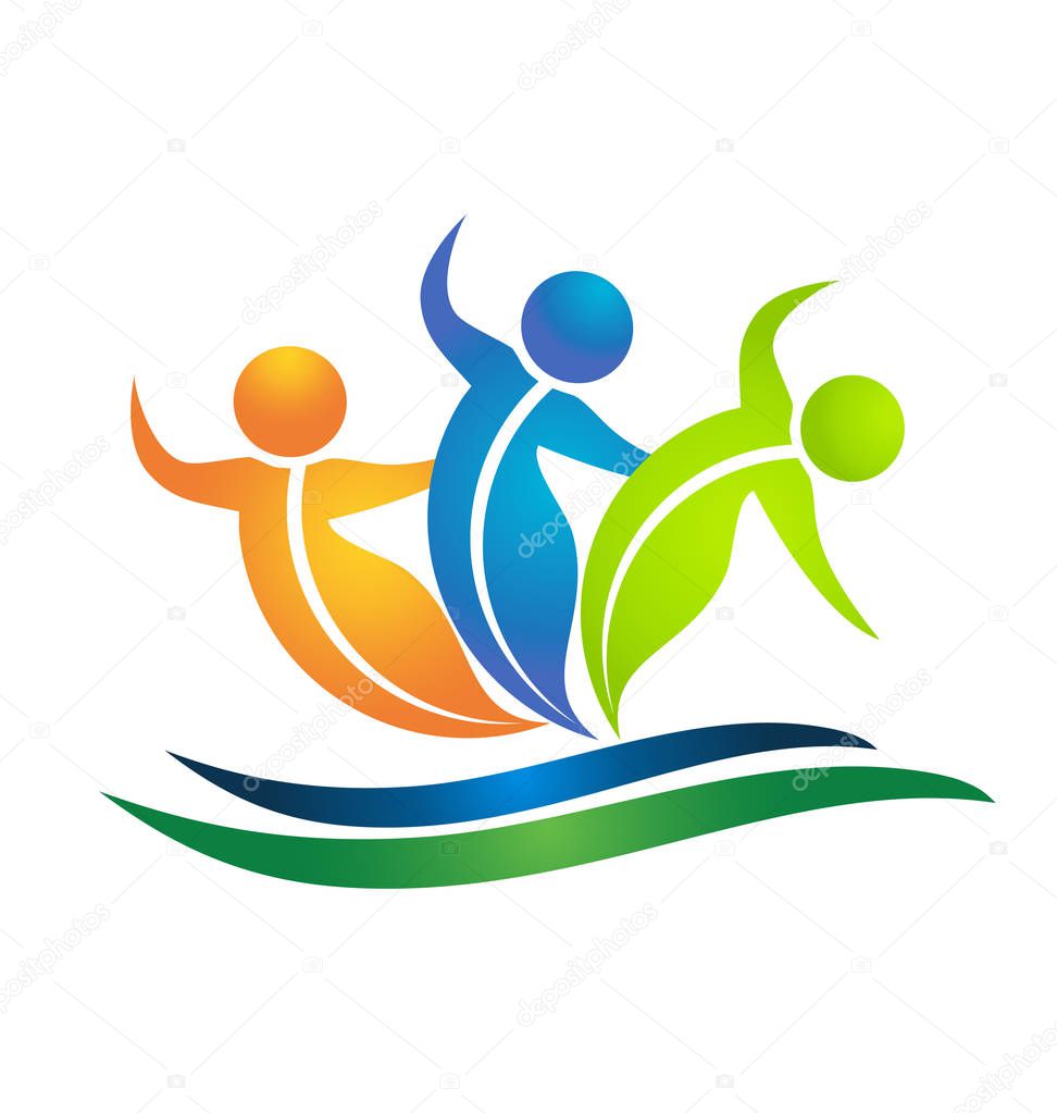 Dancing team of swooshes leafs figures vector logo design illustration