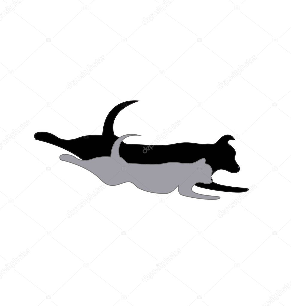 Cat and dog running, pet silhouette icon vector