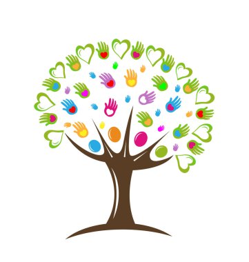 Tree teamwork hearts and hands vector icon clipart