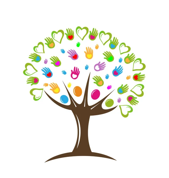 Tree teamwork hearts and hands vector icon — Stock Vector