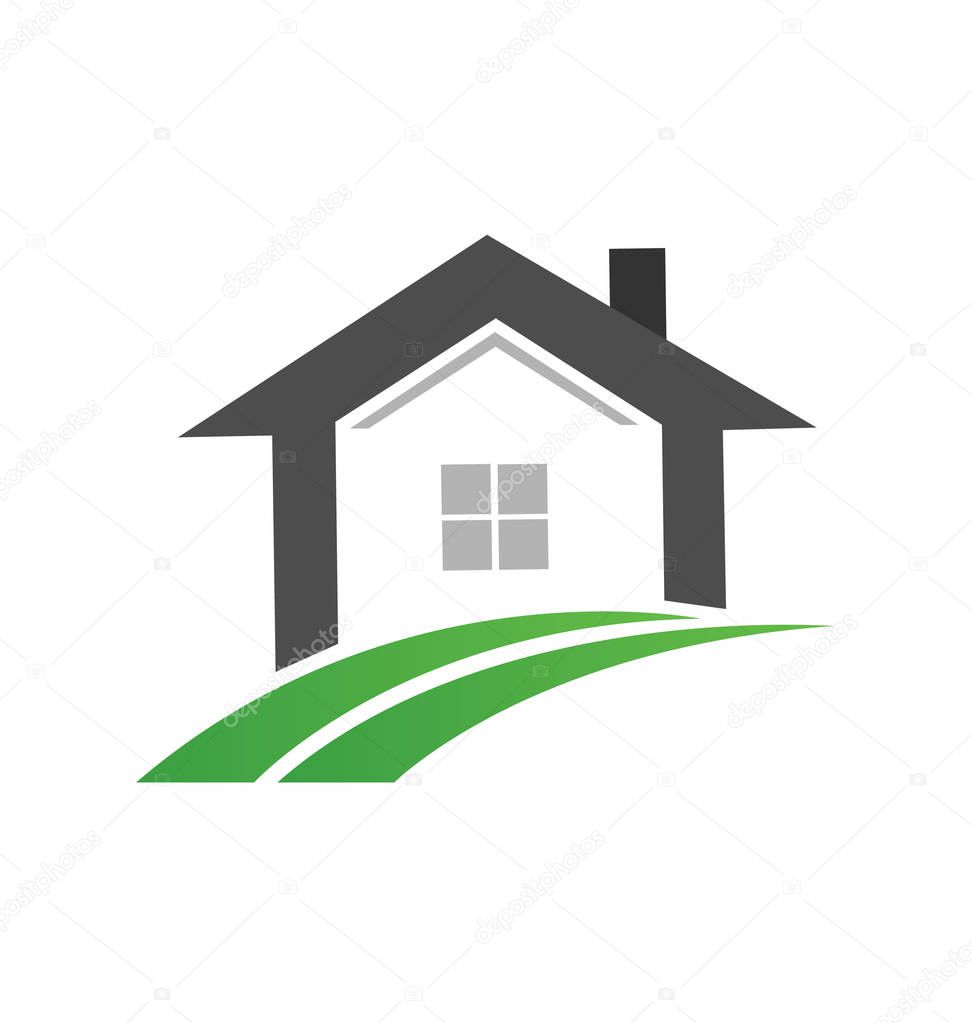 Real estate home and green road path, icon vector design illustration