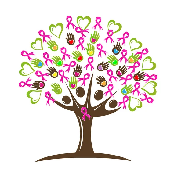 Pohon ekologi dengan logo vektor pita merah muda - Stok Vektor