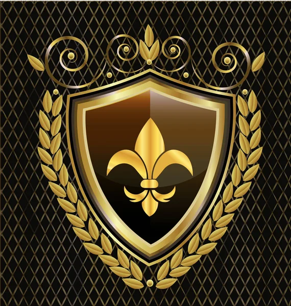Emblema escudo de ouro, com ícone abstrato flor — Vetor de Stock
