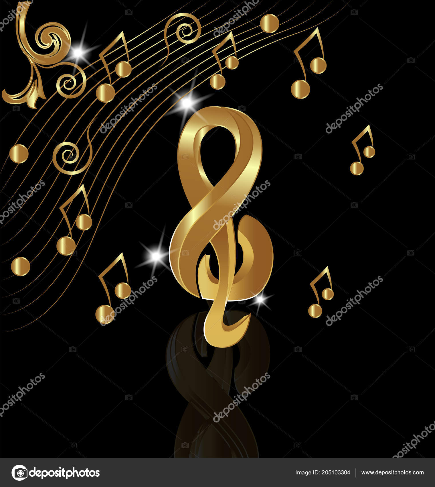 Gullmusikk på svart bakgrunn stockvektor © Keviz #205103304, image size:1520x1700