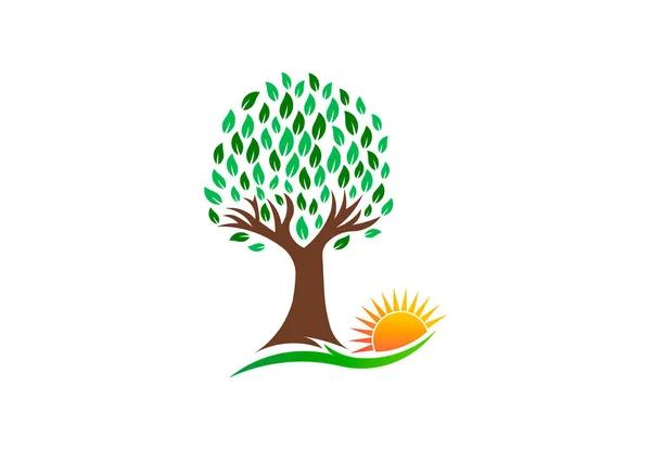 Árbol de la naturaleza y sol vibrante, logotipo del vector — Vector de stock