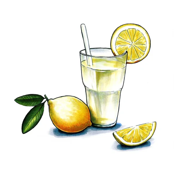 Limón y una copa de limonada recién preparada sobre un blanco. boceto hecho a mano — Foto de Stock