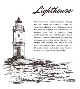 Açık denizde bir adada deniz feneri. vektör çizim bir beyaz
