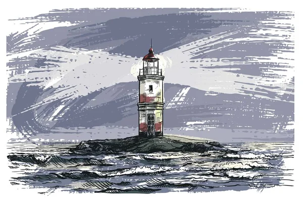 Latarnia morska na wyspie na otwartym morzu. ilustracja kolor — Wektor stockowy