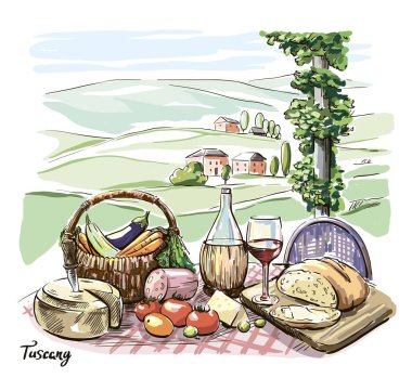 peynir, şarap, ekmek ve sebze masada