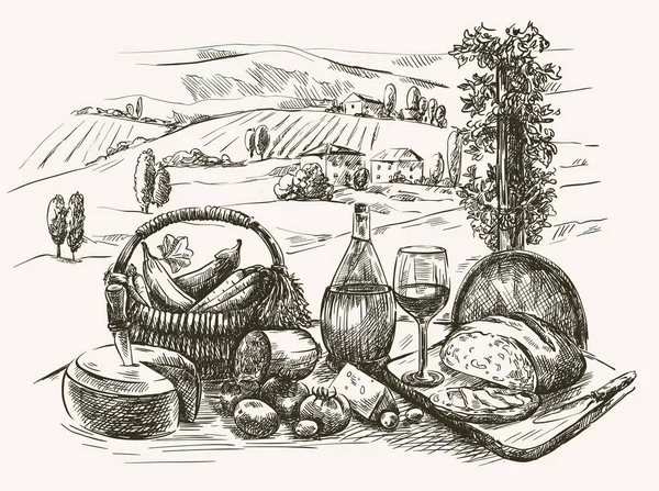 Fromage, vin, pain et légumes sur la table — Image vectorielle