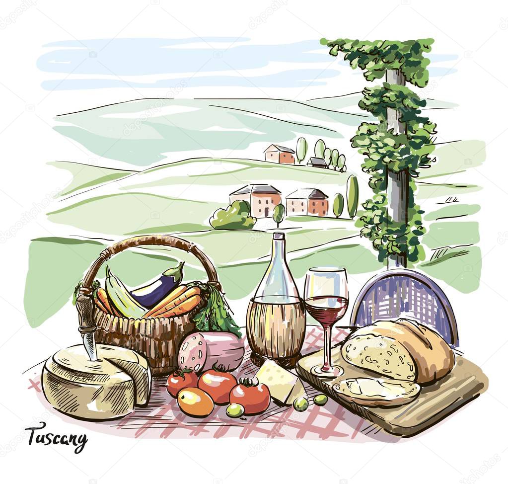 cheese, wine, bread and vegetables on the table