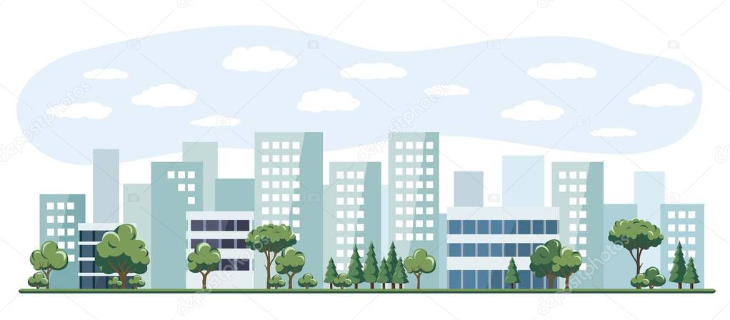illustration of a city with tall buildings and trees