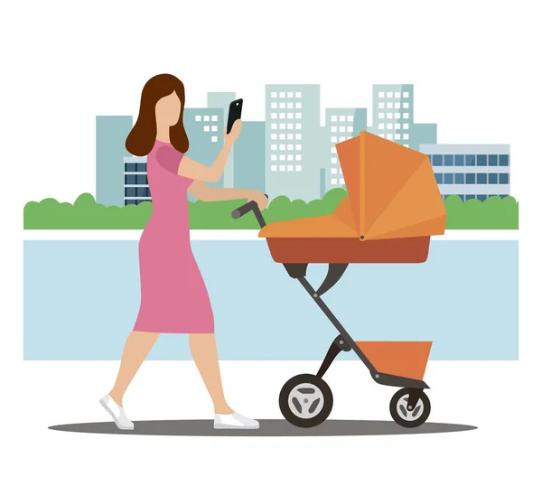 Una joven madre camina con un cochecito por la ciudad — Vector de stock