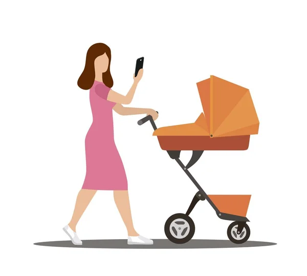 A young mother walks with a stroller with a phone in her hand — Stock Vector