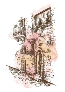 İtalya Umbria eyaletinin eski bir Sokağı'nın karakalem