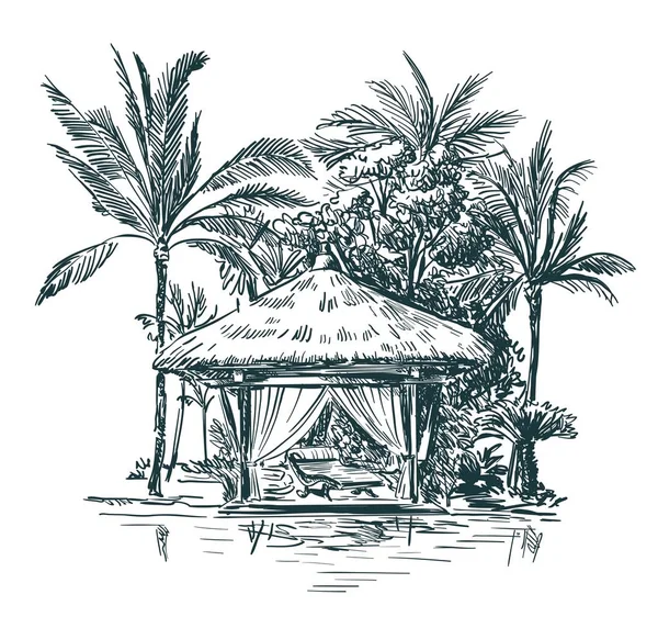 Gazebo con techos de paja entre las palmeras — Vector de stock