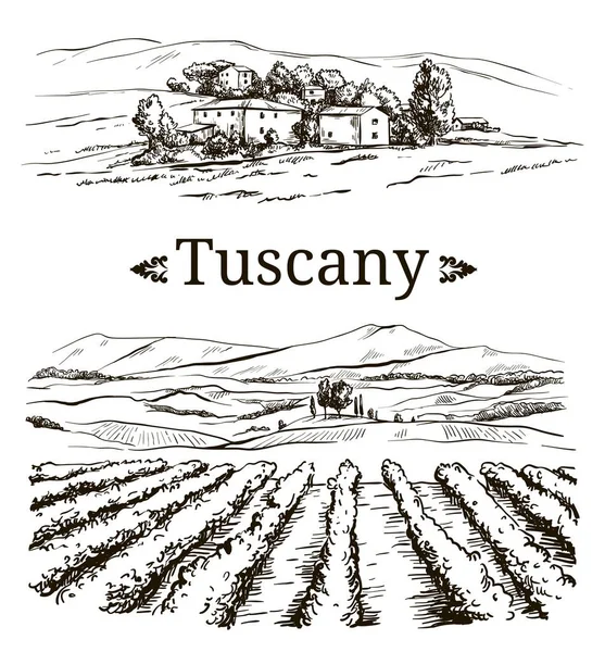 Disegno paesaggistico della provincia italiana di Toscana con l'iscrizione — Vettoriale Stock
