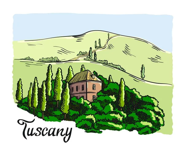 Hus i Toscana med berg i bakgrunden — Stock vektor
