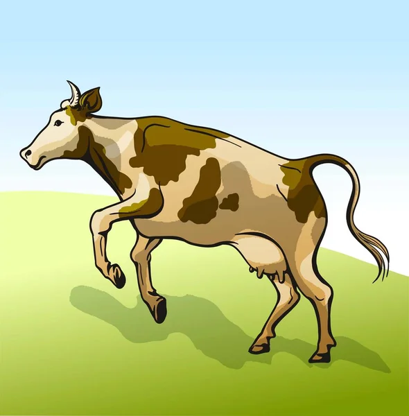 La vache sautante sur la prairie sur le fond du ciel — Image vectorielle